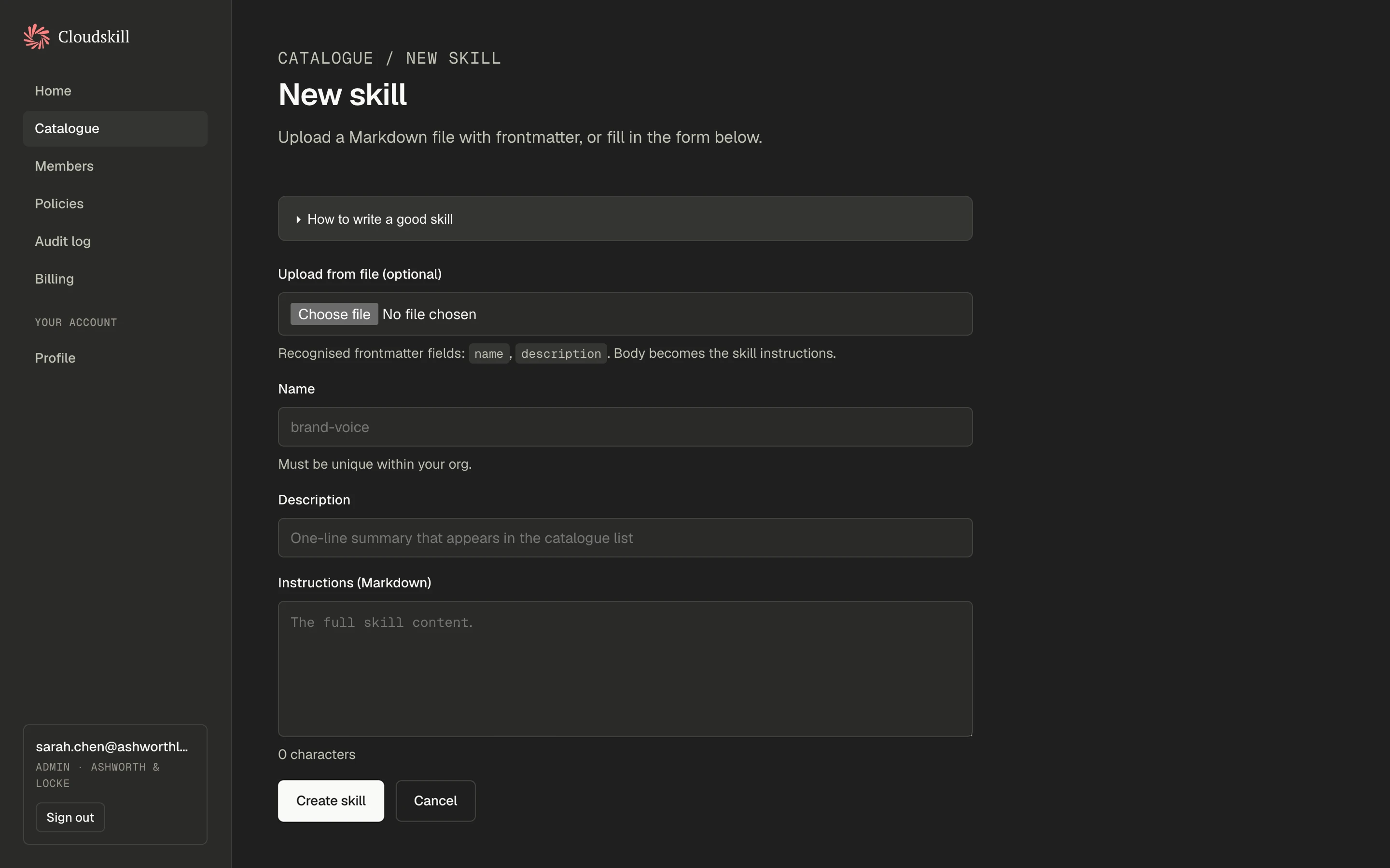 New skill creation form in Cloudskill dashboard