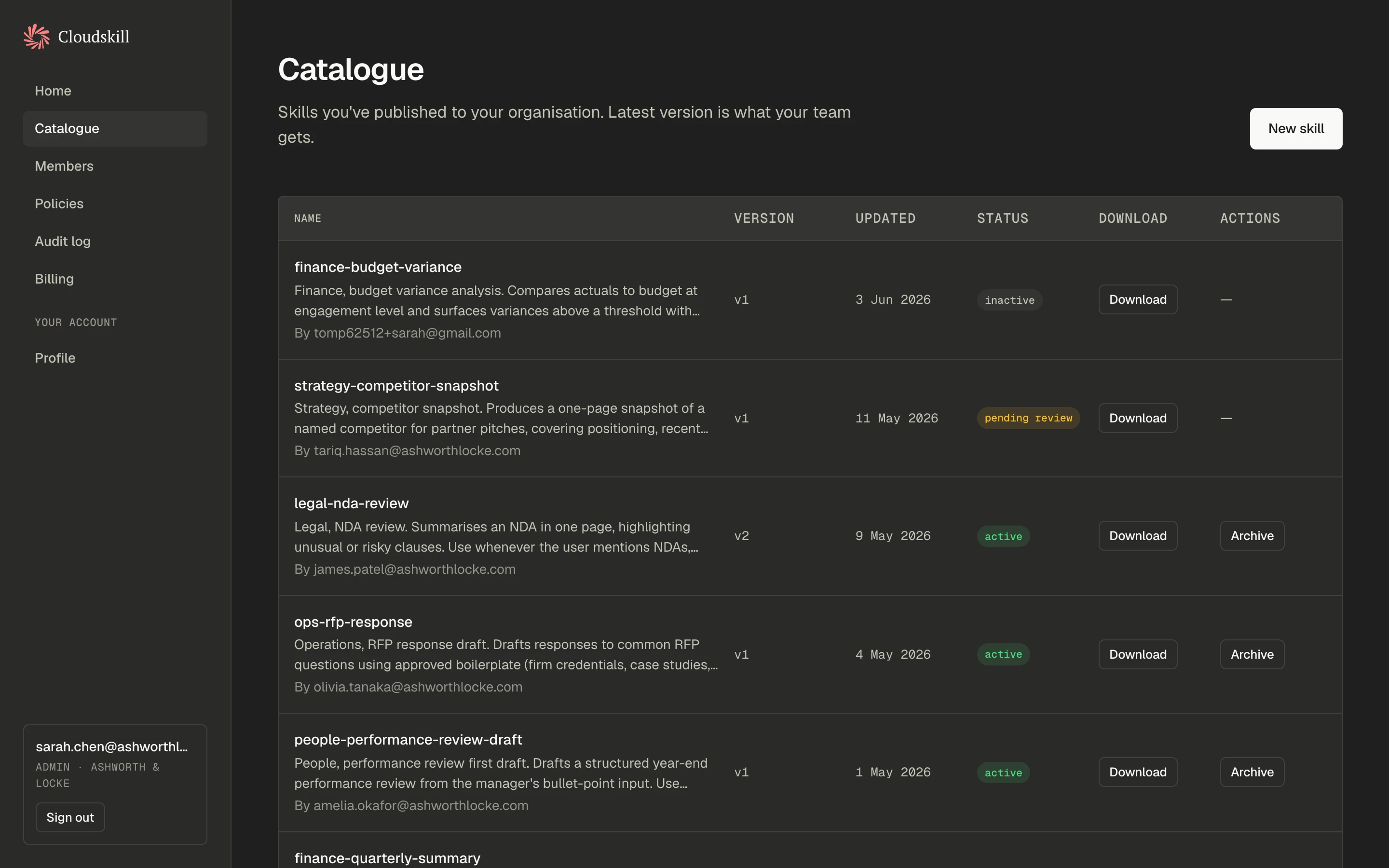 Skill catalogue with download buttons